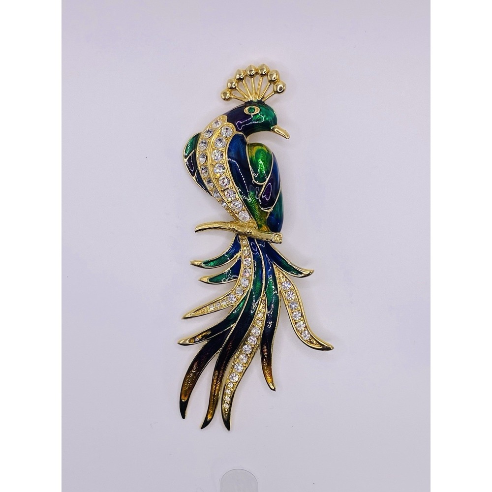 Bird of Paradise Brooch Pin Guilloche Enamel Rhinestone Large Fashion Peacock